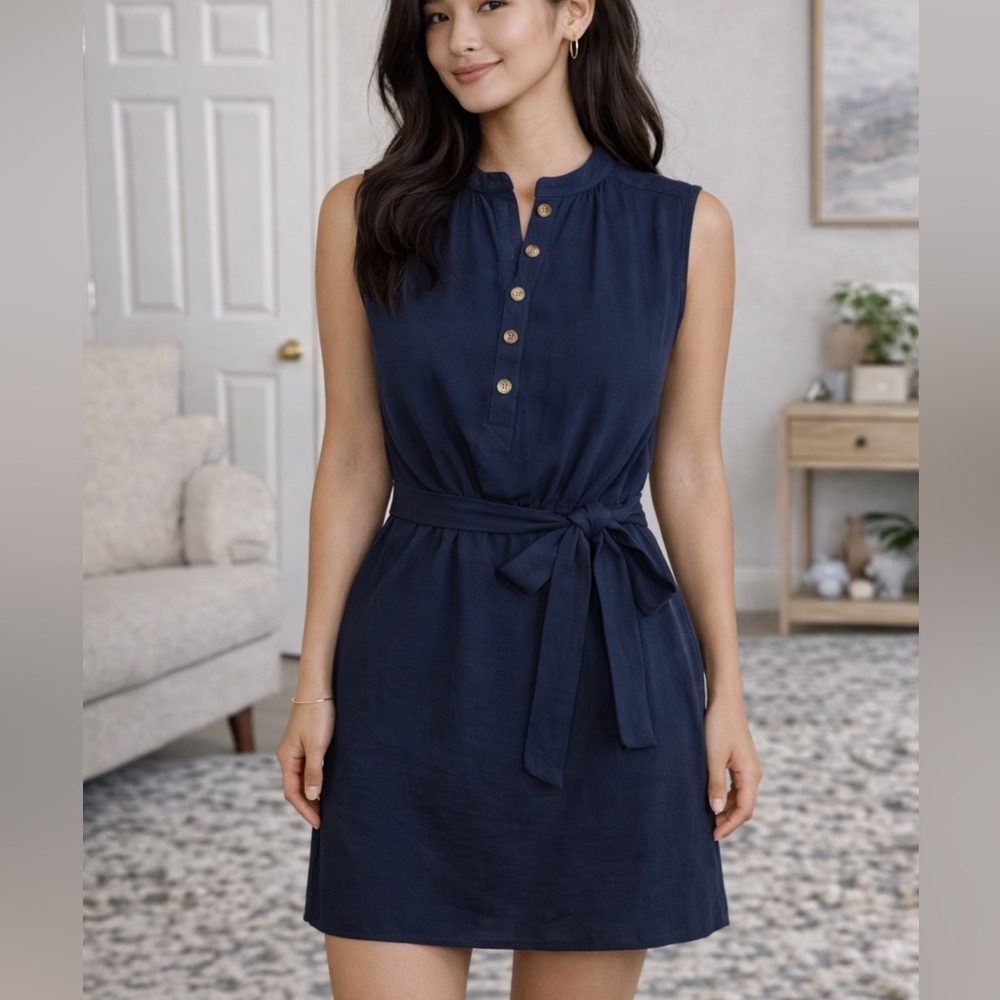 Navy Button Front Tie Waist Mini Dress Soft Shift Size Small